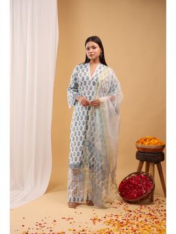 Aritri - White-Blue Floral Block Printed Kurta with Palazzo and Dupatta