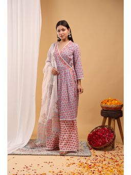 Aritri - Pastel Blue and Pink Floral Angrakha with Sharara and Dupatta