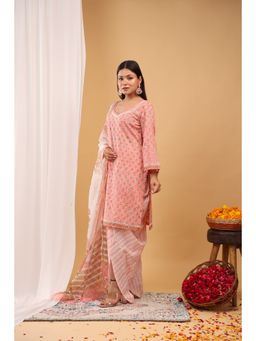 Aritri - Blush Pink Floral Block Printed Kurta with Dhoti and Dupatta