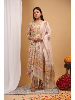 Aritri - Yellow Floral Printed Kurta with Dhoti and Dupatta