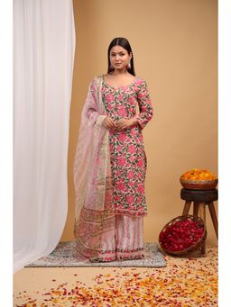 Aritri - Pink Floral Block Printed Kurta with Palazzo and Dupatta