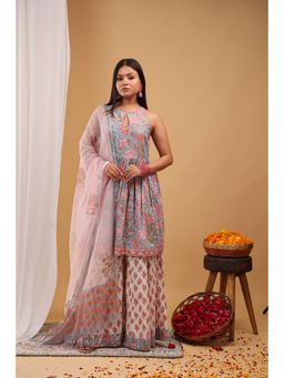 Aritri - Blue-Blush Pink Floral Printed Kurti with Palazzo and Dupatta