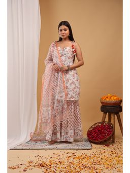 Aritri - Off White-Peach Floral Printed Kurti with Sharara and Dupatta
