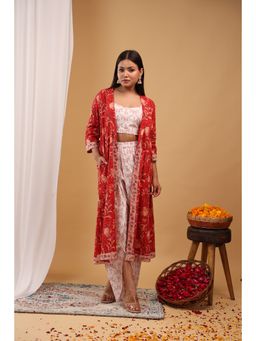 Aritri - Off White-Red Floral Printed Crop Top with Dhoti and Shrug