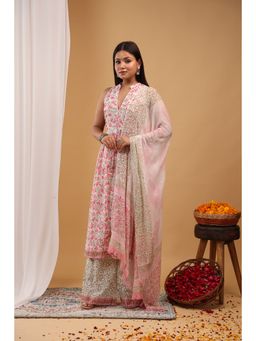 Aritri - Pink-Off White Floral Printed Kurta with Palazzo and Dupatta
