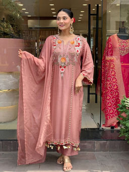 THE52 - Peach Floral Embroidery Kurta with Pant and Dupatta