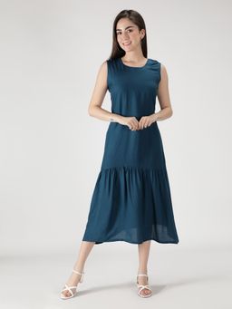 Fabclub - Teal Rayon Solid Plain Pleated Dress