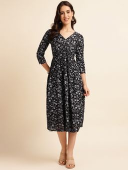 Fabclub - Black Viscose Rayon Floral Printed Dress