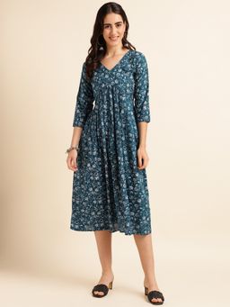 Fabclub - Teal Viscose Rayon Floral Printed Dress