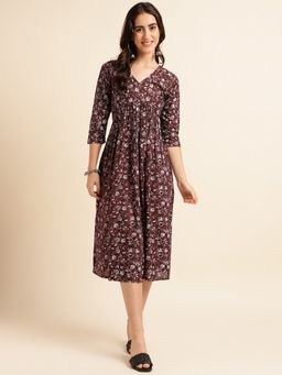 Fabclub - Brown Viscose Rayon Floral Printed Dress