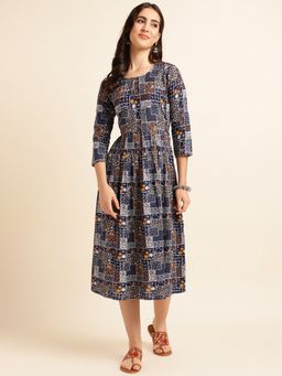 Fabclub - Navy Blue Viscose Rayon Printed Dress