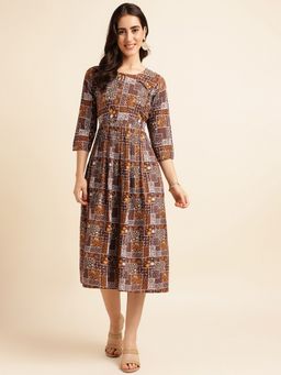 Fabclub - Brown Viscose Rayon Printed Dress