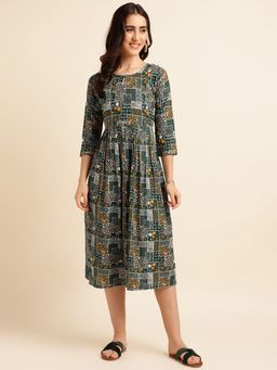 Fabclub - Green Viscose Rayon Printed Dress