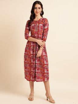 Fabclub - Maroon Viscose Rayon Printed Dress