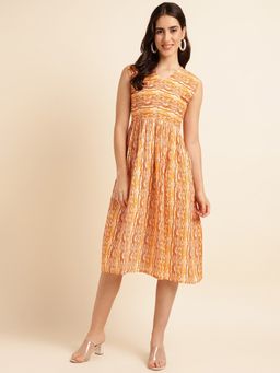 Fabclub - Mustard Viscose Rayon Shibori Printed Dress