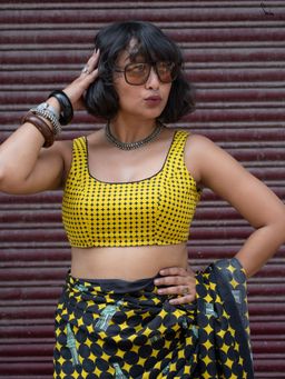 Suta - Yellow and Black Cotton Polka Dot Printed Reversible Stitched Blouse