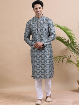 TATTVA - Men Grey Thread Work Designed Kurta with Pyjama (Set of 2)