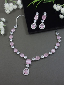 I Jewels - Silver Plated Cubic Zirconia American Diamond Necklace & Earring Jewellery Set Pink