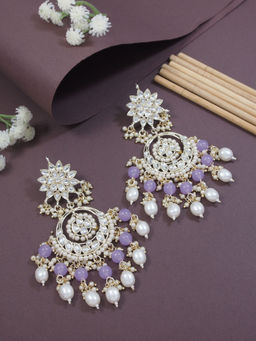 I Jewels - Gold Plated Traditional Handcrafted Kundan & Pearl Chandbali Earring Purple
