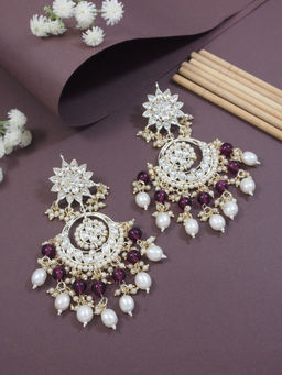 I Jewels - Gold Plated Traditional Handcrafted Kundan & Pearl Beaded Chandbali Earring Wine