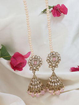 I Jewels - Gold Plated Traditional Kundan & Pearl Jhumka Earring With Detachable Ear Chain Pink