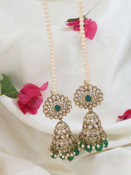 I Jewels - Gold Plated Traditional Kundan & Pearl Jhumka Earring With Detachable Ear Chain