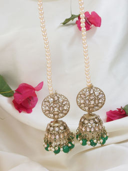 I Jewels - Gold Plated Traditional Kundan & Pearl Jhumka Earring With Detachable Ear Chain Green