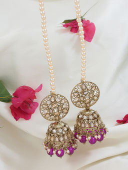 I Jewels - Gold Plated Traditional Kundan & Pearl Jhumka Earring With Detachable Ear Chain Purple