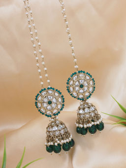 I Jewels - Gold Plated Traditional Kundan & Pearl Jhumka Earring With Detachable Ear Chain Green