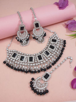I Jewels - Silver Plated Traditional Kundan & Pearl Bridal Choker Necklace Jewellery Set Black
