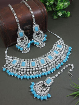 I Jewels - Silver Plated Traditional Kundan & Pearl Bridal Choker Necklace Jewellery Set Turquoise