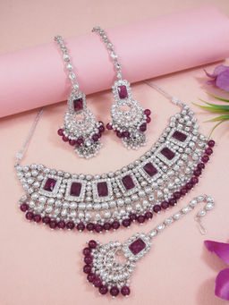 I Jewels - Silver Plated Traditional Kundan & Pearl Bridal Choker Necklace Jewellery Set Wine