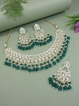 I Jewels - Gold Plated Traditional Kundan & Pearl Choker Necklace Jewellery Set Green
