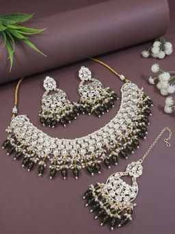 I Jewels - Gold Plated Traditional Kundan & Pearl Choker Necklace Jewellery Set Olive