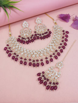 I Jewels - Gold Plated Traditional Kundan & Pearl Choker Necklace Jewellery Set Wine