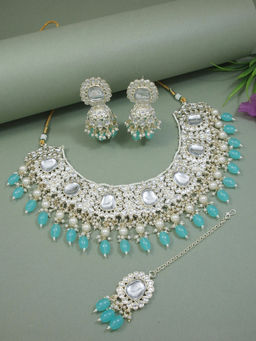 I Jewels - Gold Plated Traditional Kundan & Pearl Drop Choker Necklace Jewellery Set Turquoise