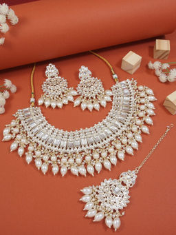 I Jewels - Gold Plated Traditional Kundan & Pearl Drop Choker Necklace Jewellery Set