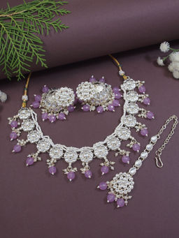I Jewels - Gold Plated Traditional Kundan & Pearl Necklace With Earring Maang Tikka Set Purple