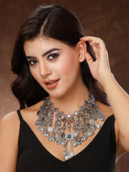 Moedbuille - Stone Studded Afghan Tribal Design Oxidised Silver Plated Handcrafted Necklace