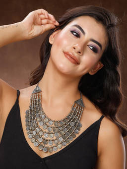Moedbuille - Handcrafted Antique Tribal Oxidised Silver Plated Layered Afghan Necklace Silver
