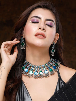 Moedbuille - Handcrafted Meenakari Work Antique Design Oxidised Silver Plated Jewellery Set Blue