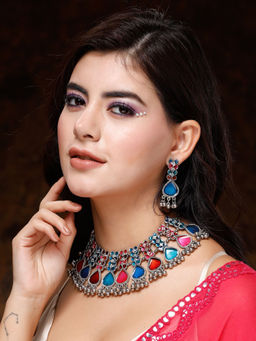 Moedbuille - Handcrafted Meenakari Work Antique Design Oxidised Silver Plated Jewellery Set