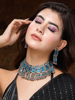 Moedbuille - Meenakari Work Tasselled Design Silver Plated Handcrafted Tribal Jewellery Set Blue