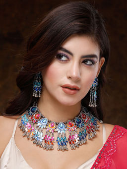 Moedbuille - Meenakari Work Afghan Tasselled Design Silver Plated Handcrafted Tribal Jewellery Set