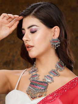 Moedbuille - Handcrafted Meenakari Work Tribal Tasselled Oxidised Silver Plated Jewellery Set