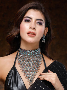 Moedbuille - Mirrors & Stones Layered Tribal Oxidised Silver Plated Jewellery Set Blue