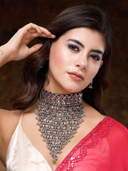 Moedbuille - Mirrors & Stones Layered Tribal Oxidised Silver Plated Jewellery Set Pink