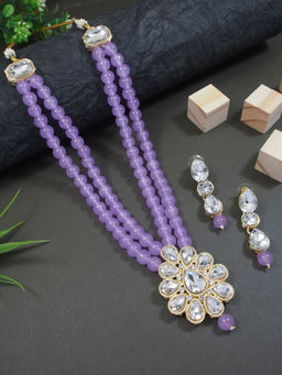 I Jewels - Gold Plated Traditional Pearl & Stone Necklace & Earring Jewellery Set Purple