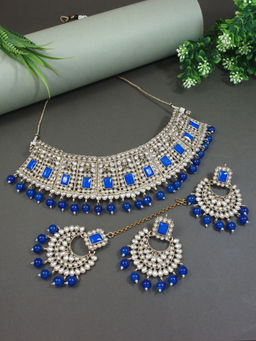 I Jewels - Gold Plated Traditional Kundan & Pearl Choker Necklace Jewellery Set Blue