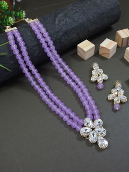 I Jewels - Gold Plated Traditional Kundan & Pearl Studded Necklace Jewellery Set Lavender